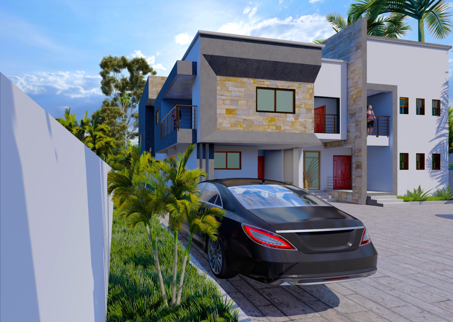 Semi-detached 2-bedroom house design with clean lines, large windows, and a functional layout.