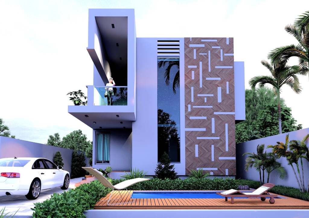 4-bedroom home with pool, outdoor seating, and hanging terrace"