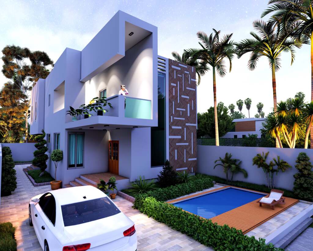 Luxurious 4-bedroom home with pool, outdoor seating, and hanging terrace. for your building design and construction services, we are your partner.